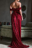 Bourgondische elegante effen pailletten patchwork split vouw strapless avondjurk jurken
