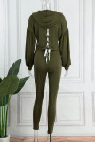 アーミーグリーン カジュアル ソリッド パッチワーク フード付き 襟 長袖 ツーピース