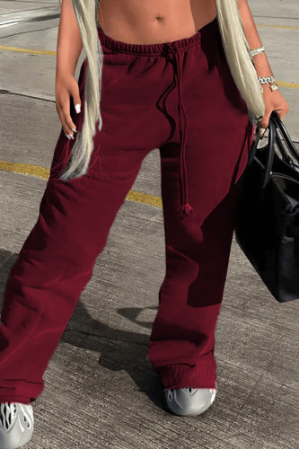 Burgundy Casual Street Solid Patchwork Straight High Waist Straight Solid Color Bottoms