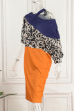 Tangerine Casual Elegant Print Leopard Patchwork Oblique Collar One Step Kjolklänningar
