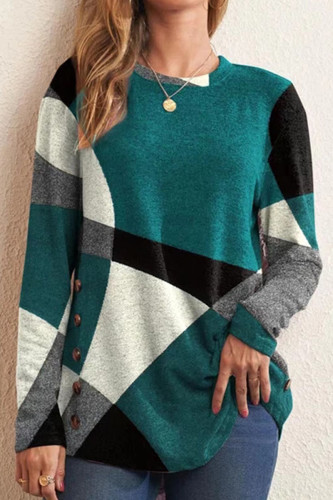 Green Casual Color Lump Print Patchwork O Neck Tops