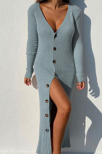 Blue Casual Solid Patchwork Buckle V Neck Pencil Skirt Dresses