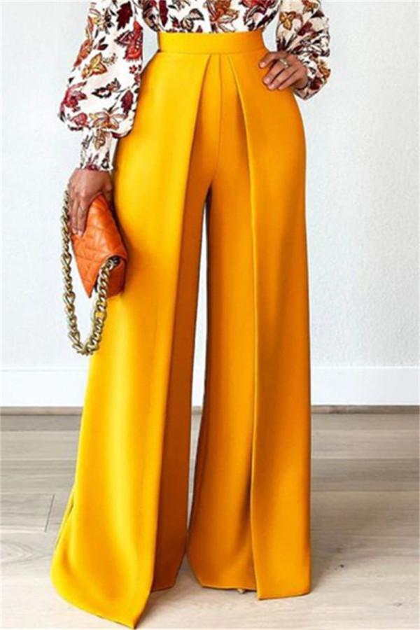 Pantalones rectos de color sólido de cintura alta rectos de patchwork sólido casual amarillo