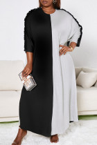 ブラック グレー カジュアル ソリッド パッチワーク ストリング セルビッジ O ネック ストレート プラスサイズ ドレス