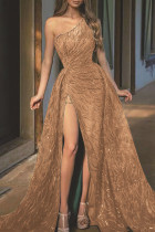 ゴールド エレガント ソリッド パッチワーク スリット 斜めカラー イブニングドレス ドレス