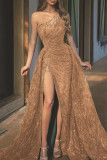 グリーン エレガント ソリッド パッチワーク スリット 斜めカラー イブニングドレス ドレス