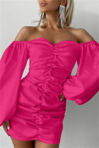 Розово-красные сексуальные однотонные лоскутные платья с открытой спиной и открытыми плечами с длинным рукавом