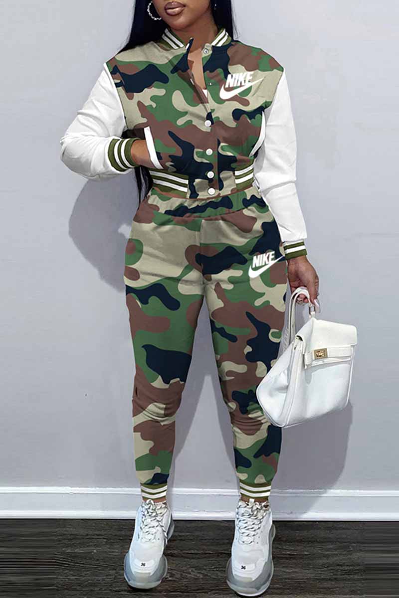 

Army Green Street Camouflage Print Letter Mandarin Collar Long Sleeve Two Pieces