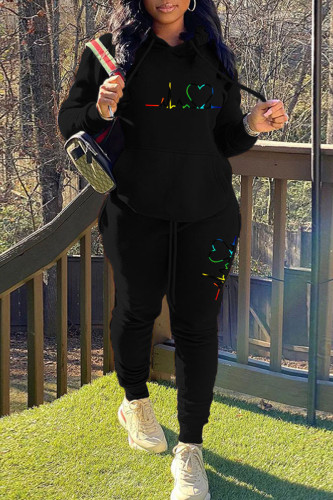 Black Casual Print Patchwork Hooded Collar Long Sleeve Two Pieces