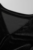 Черные модные сексуальные однотонные лоскутные платья с V-образным вырезом и длинным рукавом
