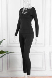 Black Casual Solid Patchwork V Neck Long Sleeve Two Pieces
