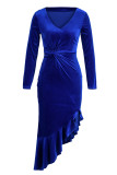 Синие модные сексуальные однотонные лоскутные платья с V-образным вырезом и длинным рукавом