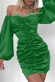 Groene sexy effen patchwork rugloze vouw off-shoulder jurken met lange mouwen