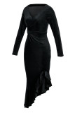 Черные модные сексуальные однотонные лоскутные платья с V-образным вырезом и длинным рукавом