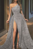 グリーン エレガント ソリッド パッチワーク スリット 斜めカラー イブニングドレス ドレス