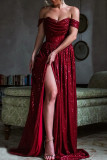 Borgoña elegante sólido lentejuelas patchwork hendidura doblez vestido de noche sin tirantes vestidos