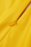 Vestidos de manga larga con cuello en O de patchwork con estampado universitario informal amarillo