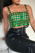 Groene sexy patchwork uitgeholde doorzichtige backless vierkante kraag tops