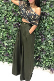 Army Green Casual Solid Patchwork Fold Straight High Waist Wide Leg Solid Color Bottoms