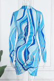 Robes de jupe crayon col en V patchwork imprimé sexy bleu ciel
