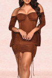 Apricot Sexy Solid Patchwork Draw String Fold Off-Shoulder-Bleistiftrock-Kleider