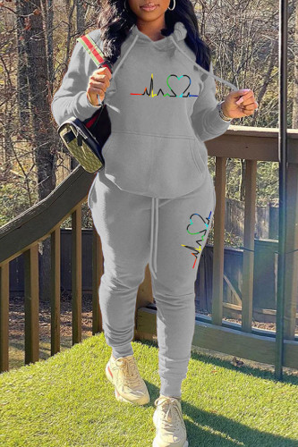 Grey Casual Print Patchwork Hooded Collar Long Sleeve Two Pieces