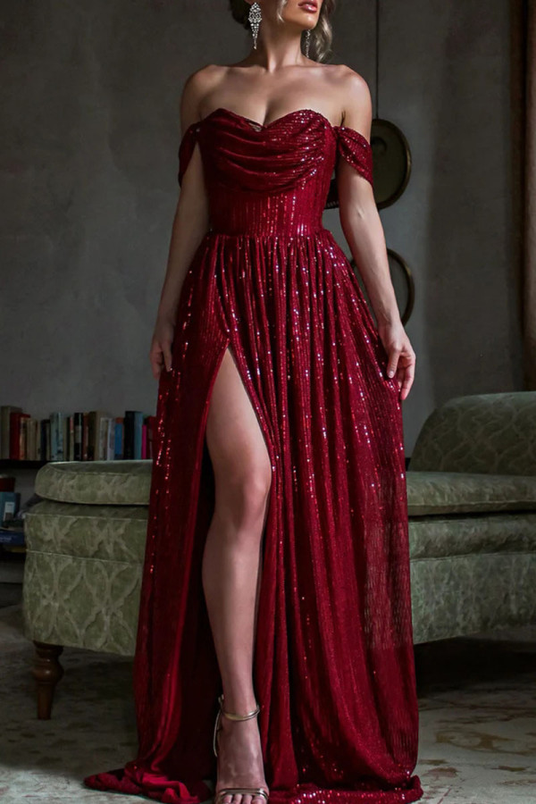 Burgund Elegant Solid Pailletten Patchwork Slit Fold Trägerloses Abendkleid Kleider