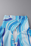 Robes de jupe crayon col en V patchwork imprimé sexy bleu ciel