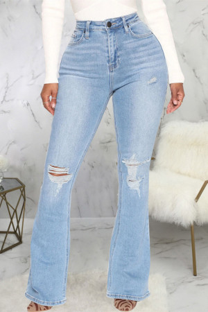 Light Blue Casual Solid Patchwork High Waist Flare Leg Boot Cut Ripped Denim Jeans