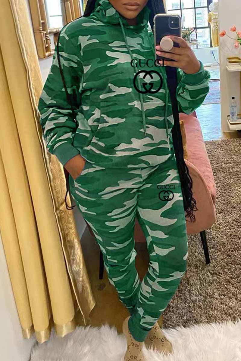 

Green Casual Camouflage Print Letter Hooded Collar Long Sleeve Two Pieces