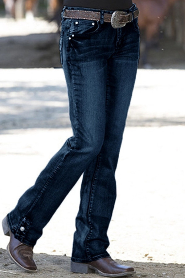 Donkerblauwe casual effen patchwork jeans met halfhoge taille en rechte spijkerbroek