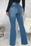 Lichtblauwe casual stevige gescheurde patchwork jeans met hoge taille en bootcut denim