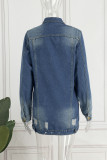 Blaue, lässige, solide, zerrissene Patchwork-Strickjacke mit Turndown-Kragen und langen Ärmeln, normale Jeansjacke