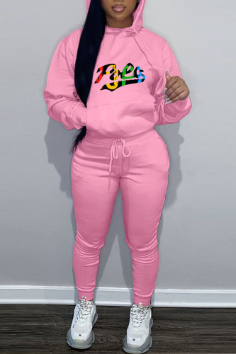 Pink Casual Letter Print Hooded Collar Long Sleeve Sweatshirt And Pants Sportwear Two Piece Jogger Set
