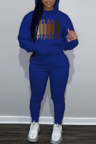 Blue Casual Graphcis Print Hooded Collar Long Sleeve Sweatshirt And Pants Sportwear Two Piece Jogger Set