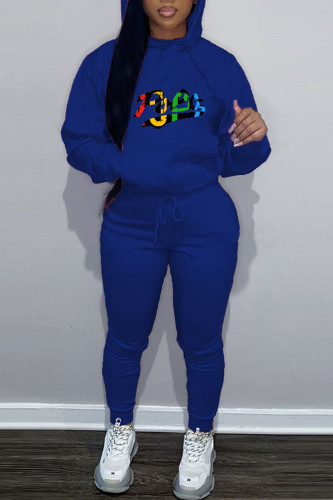 Blue Casual Letter Print Hooded Collar Long Sleeve Sweatshirt And Pants Sportwear Two Piece Jogger Set