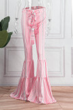 Calça cor-de-rosa casual listrada estampa patchwork cintura alta alto-falante