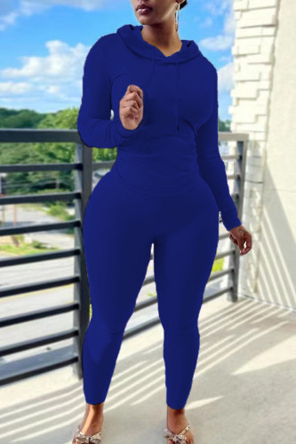 Blue Casual Hooded Collar Long Sleeve Sweatshirt And Skinny Pants Sportwear Two Piece Jogger Set