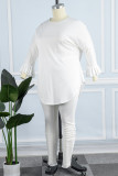 White Casual Solid Patchwork O Neck Plus Size Two Pieces