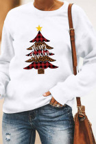 Top con collo a O di base con albero di Natale con stampa casual bianca