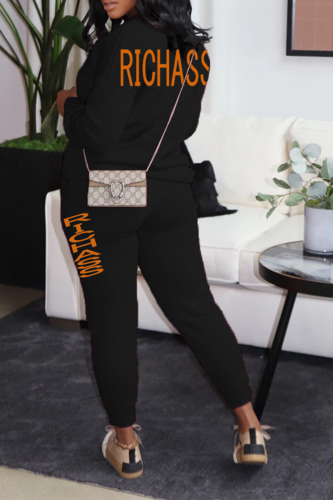 Black Street Print Patchwork O Neck Long Sleeve Two Pieces