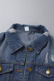 Blue Casual Solid Patchwork Turndown Collar Long Sleeve Regular Cardigan Distressed Ripped Denim Jacket