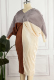 Vestidos de falda lápiz con cuello en V en contraste de patchwork casual marrón