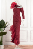 Rote elegante Patchwork-Applikationen Volant asymmetrische Abendkleider