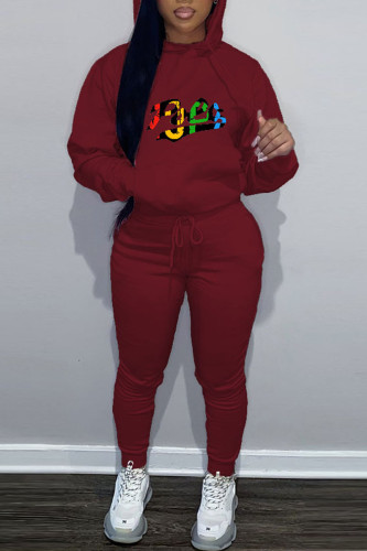 Burgundy Casual Letter Print Hooded Collar Long Sleeve Sweatshirt And Pants Sportwear Two Piece Jogger Set