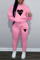 ピンク カジュアル ストリート プリント ドローストリング フード付き 襟 長袖 XNUMXピース