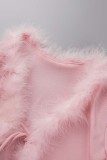 Розовый сексуальный повседневный сплошной пэчворк уздечка перья V-образный вырез с длинным рукавом из двух частей