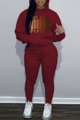 Burgundy Casual Graphcis Print Hooded Collar Long Sleeve Sweatshirt And Pants Sportwear Two Piece Jogger Set