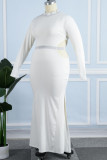 Witte sexy formele effen uitgeholde patchwork spleet halve coltrui lange mouw plus size jurken