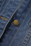 Синий повседневный однотонный рваный лоскутный кардиган с отложным воротником и длинным рукавом, обычная джинсовая куртка
